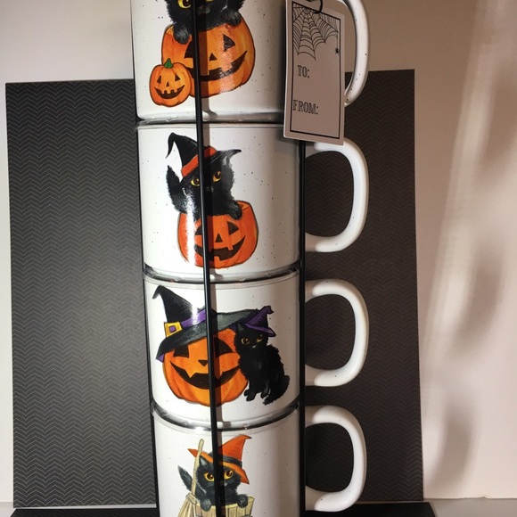 4 Halloween Stackable Black Cat JOL Pumpkin Mugs Vintage Images Kitty - Picture 3 of 9